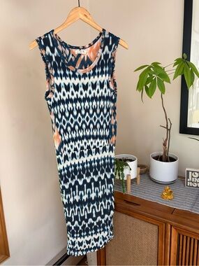 Velvet by Graham & Spencer Navy, Ivory & Peach Ikat-Print Sleeveless Midi Dress